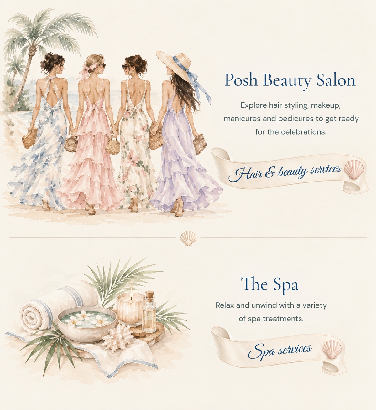 Women in flowing pastel beach dresses with elegant hairstyles