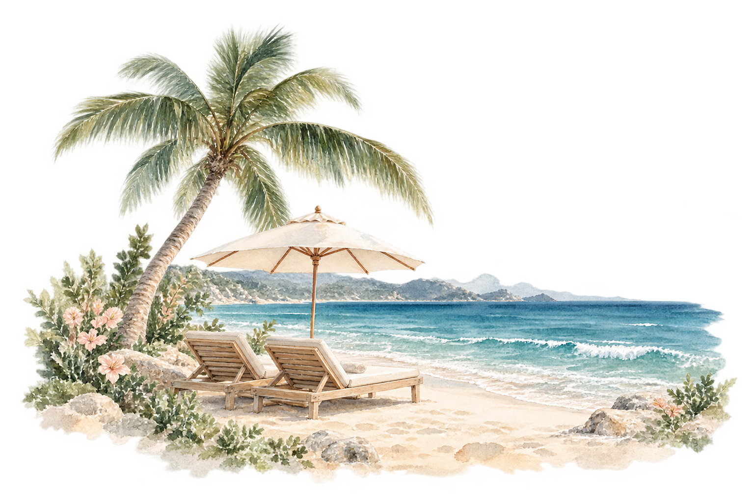 Watercolor palm tree and two loungers beneath an ivory parasol beside the soft blue ocean