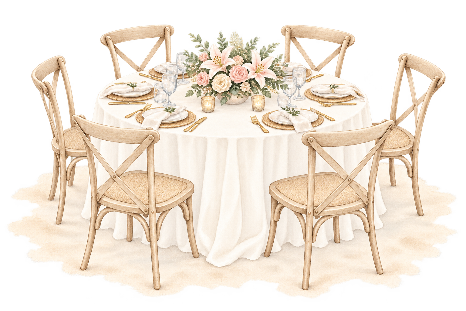 Watercolor beach reception table with natural wood chairs, ivory linen and blush flowers