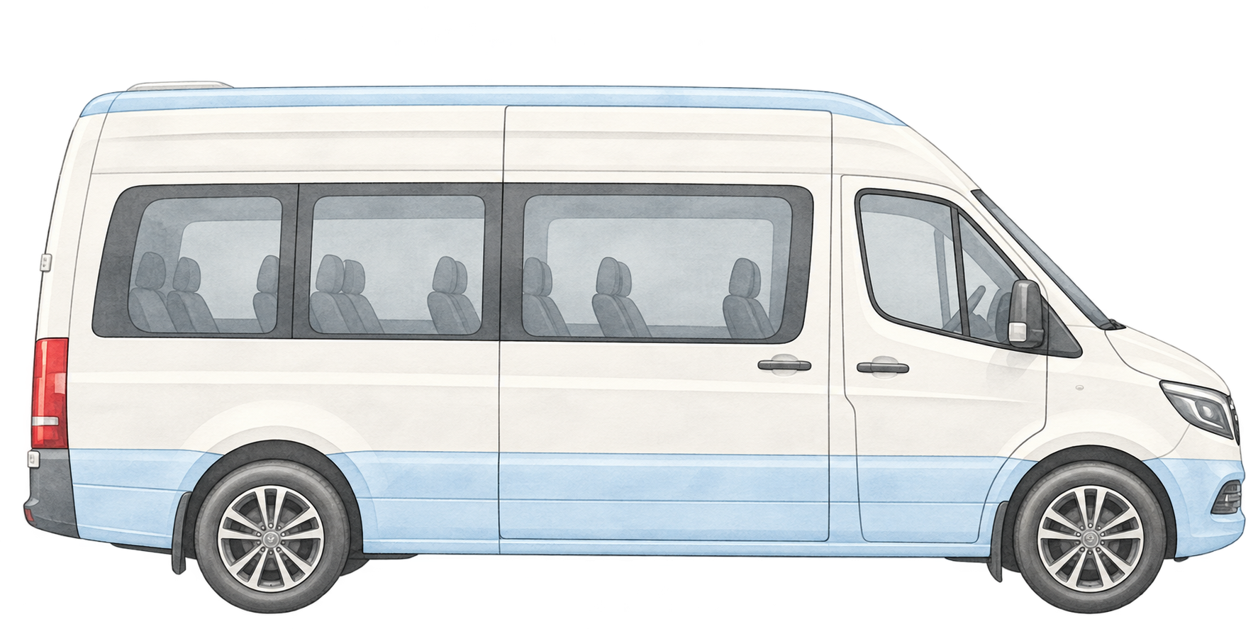 White and pale powder blue watercolor airport shuttle